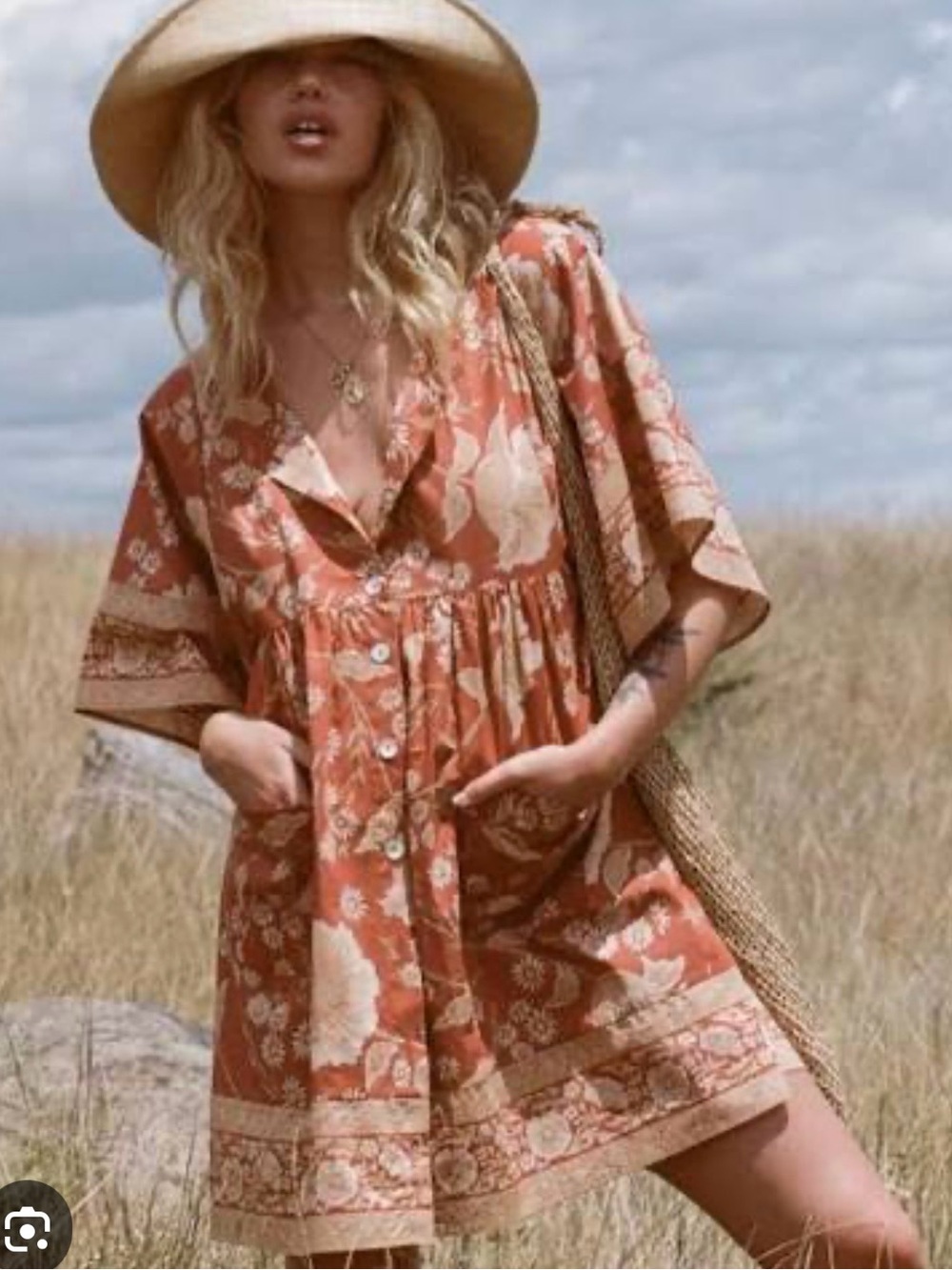 Spell & The Gypsy Sloan Smock Mini Dress Ochre Floral XS